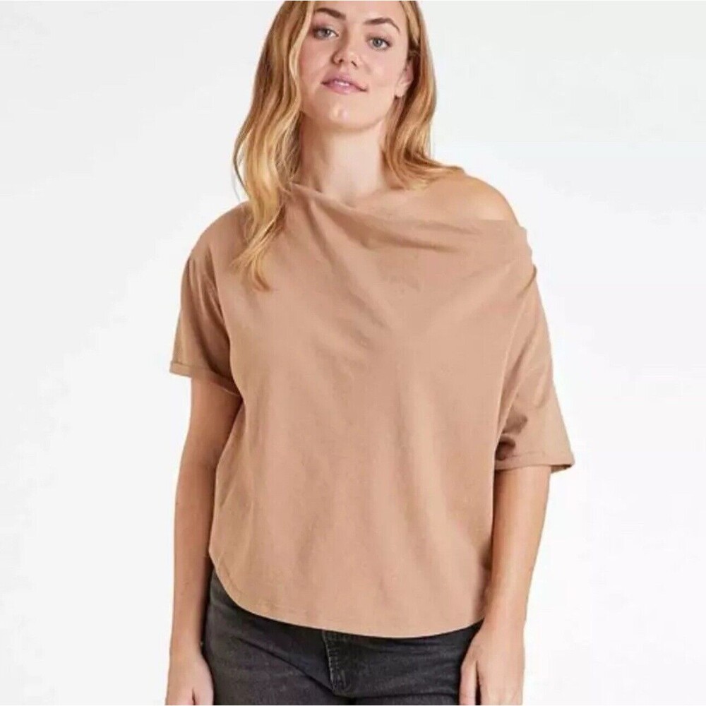 Nuuds Womens Neutral Basic Vintage Cotton Off Shoulder T-Shirt Size L Cinnamon